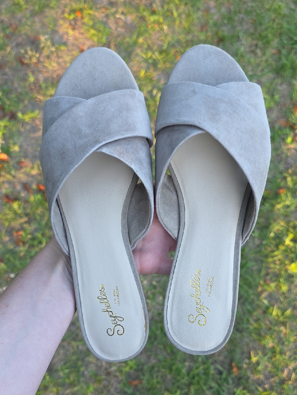NWT Seychelles Neutral Beige Taupe Suede Slide Sandals Flat Low Heel Size 9